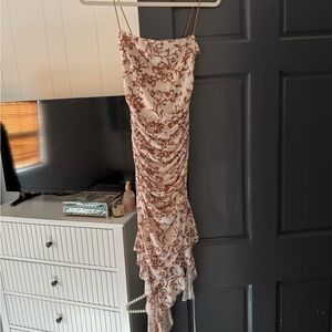 Floral Ruched Dress in Cream and Brown